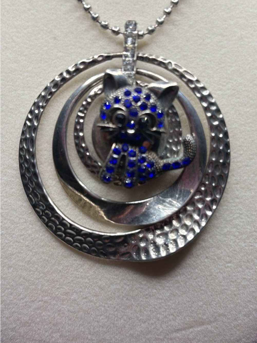 Silver-Tone Cat Pendant Necklace with Blue Crystal Accents